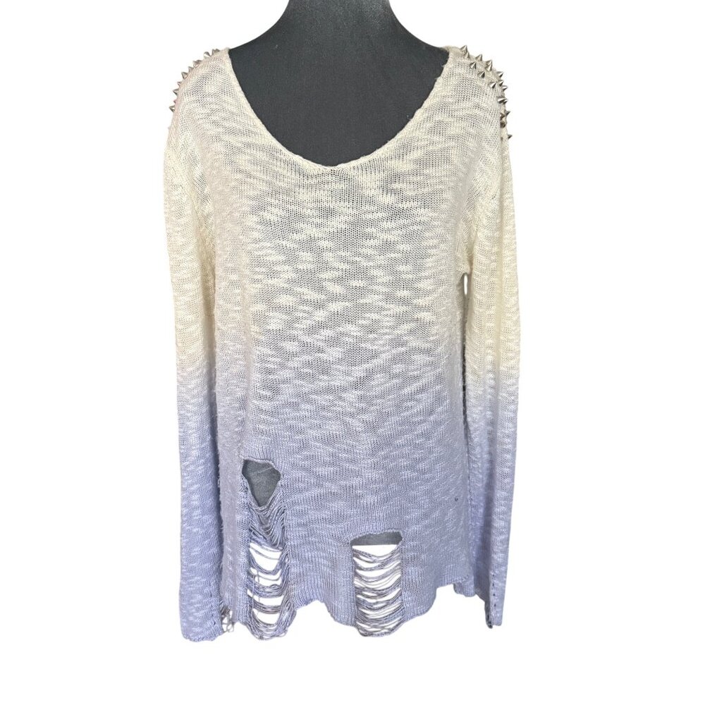 Reverse Distressed Knit Ombré Sweater With Studded Shoulders & Ripped Details